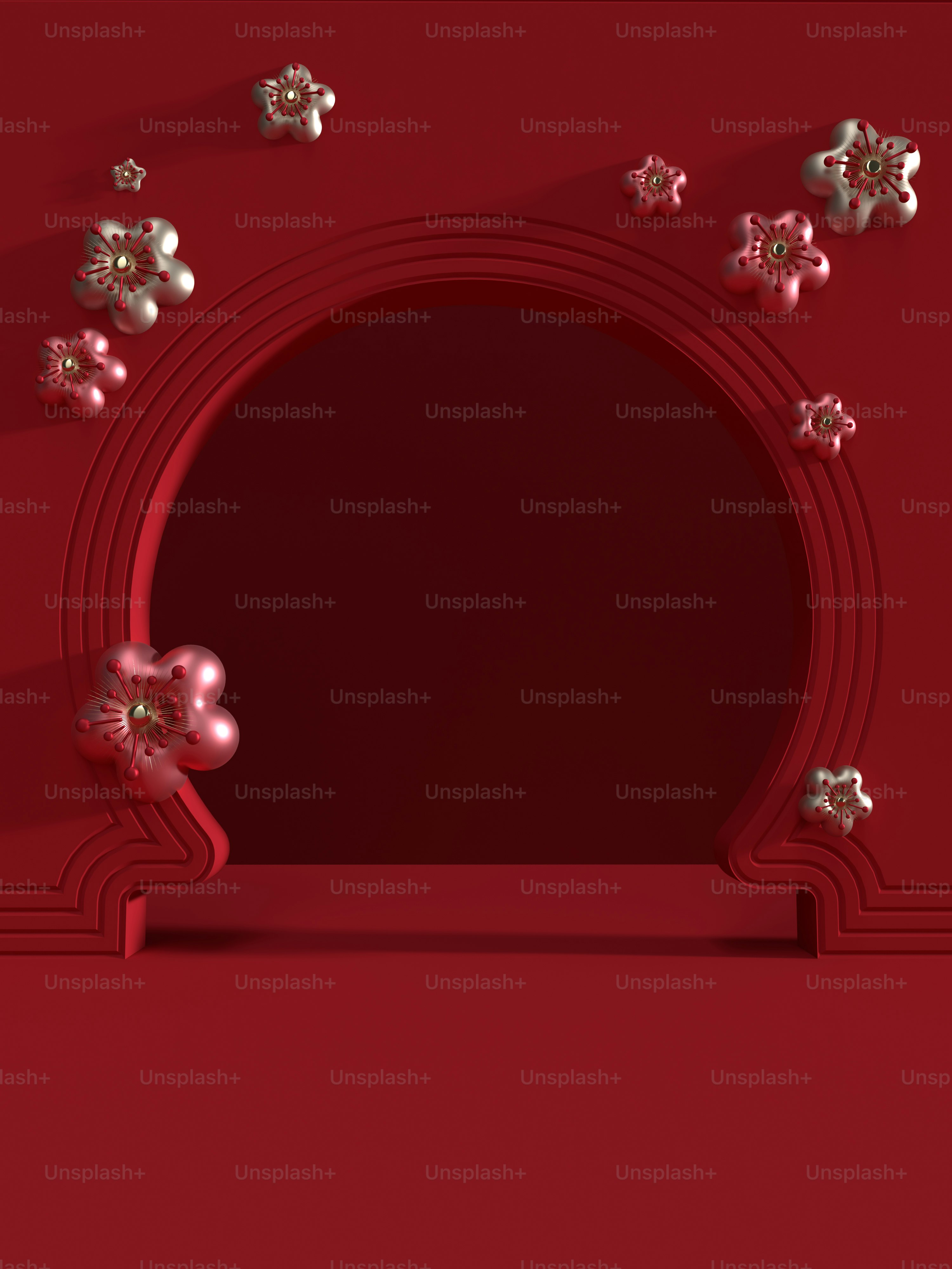 a red background with a red arch and flowers
